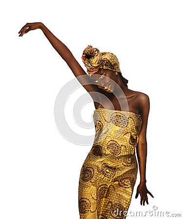 Cheerful african woman with creative gold makeâ€“up and turban Stock Photo